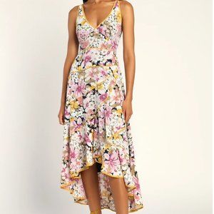 Sweeping Elegance Navy Multi Floral Lace-Up High Low Dress